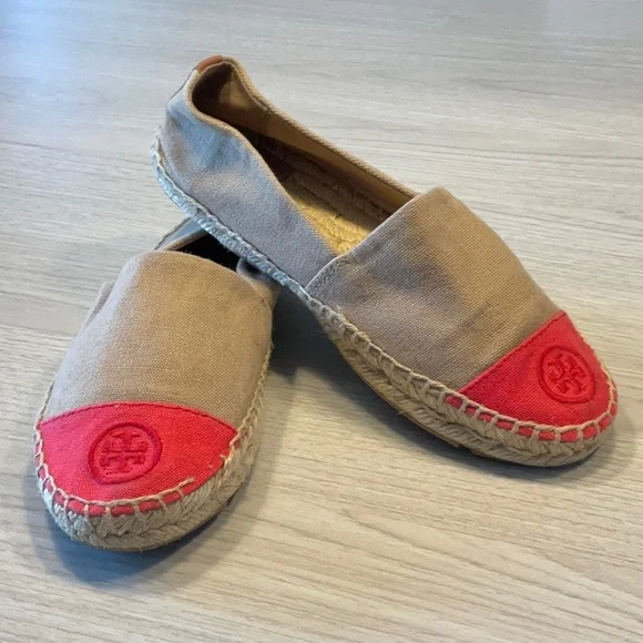 Tory Burch Color Block Espadrille Flat Canvas Tan Red- Size 7 Medium - Picture 1 of 16